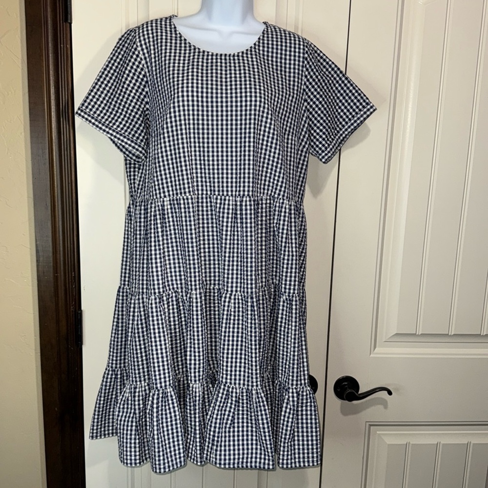 DownEast Black and White Gingham Tiered Short-Sleeve Dress